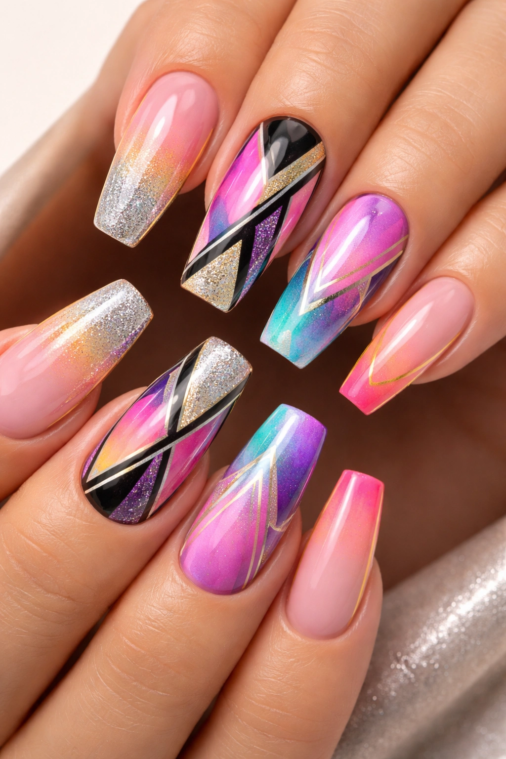 Nail art designs on coffin-shaped nails close-up