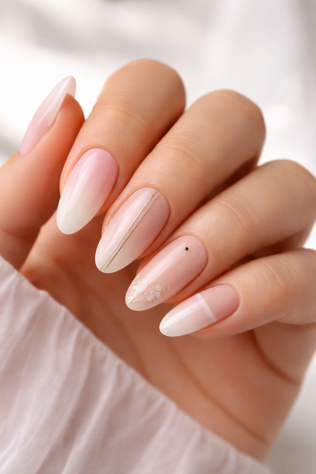 Close-up of almond-shaped nails showcasing diverse nail art designs in a studio setting