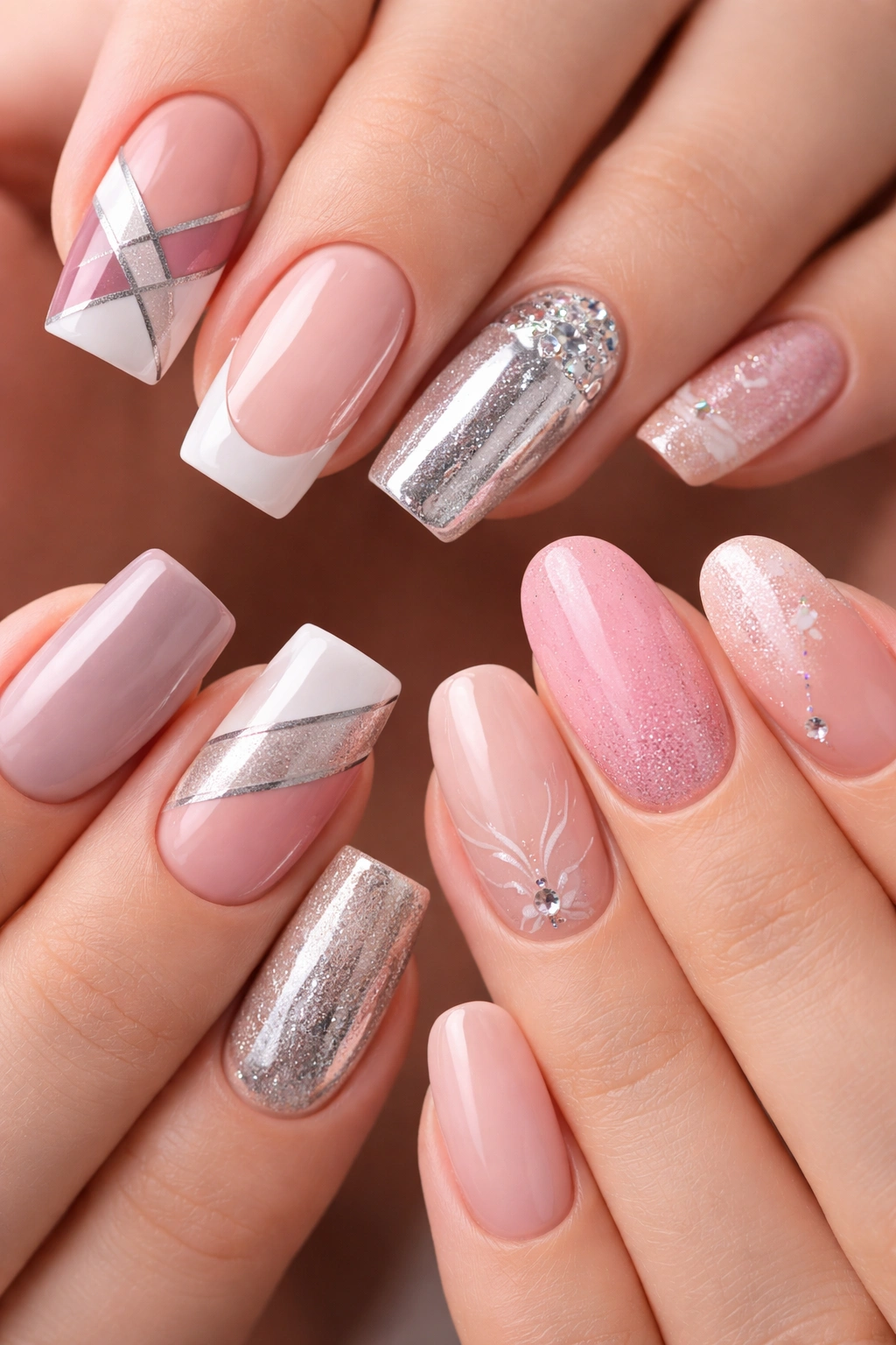 Close-up of nails with diverse nail art designs showing versatility