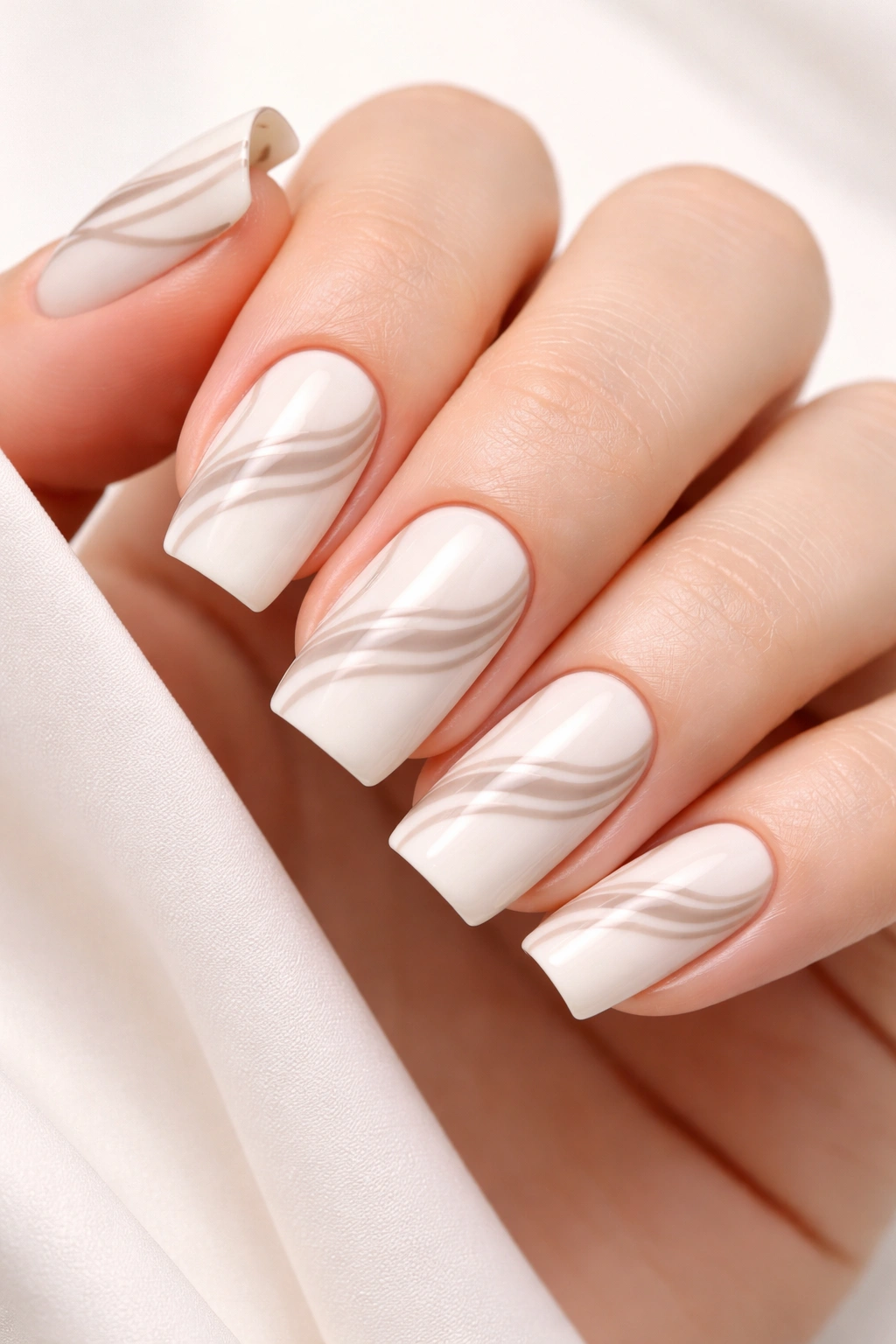 Close-up of soft square nails with white and cream base and taupe wavy lines