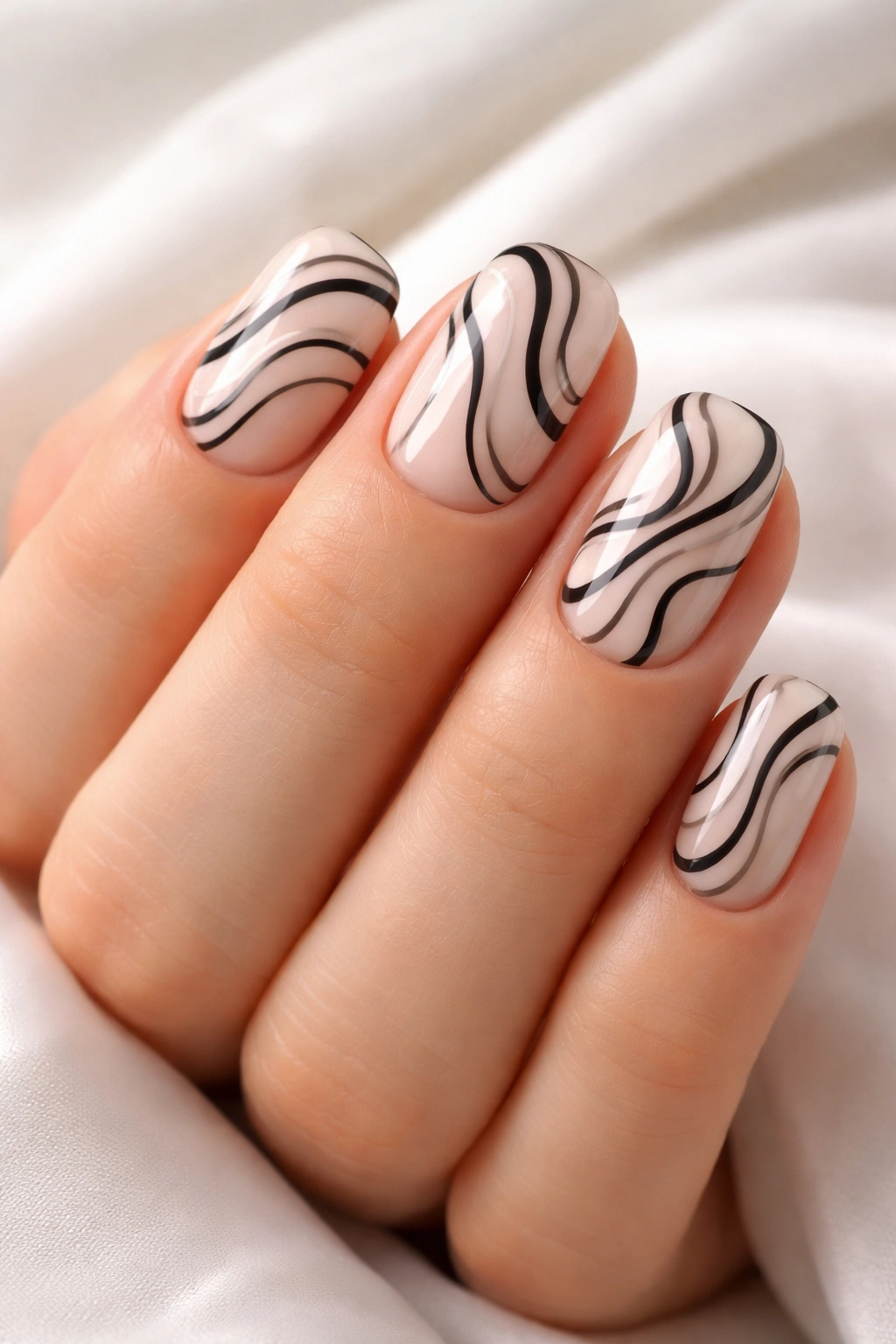 Close-up of short squoval nails with flowing black wavy stripes on a pale base