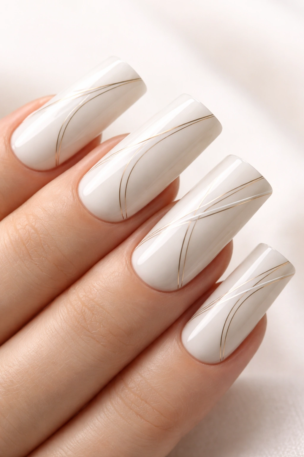 Creamy white curved nails with minimalist line work