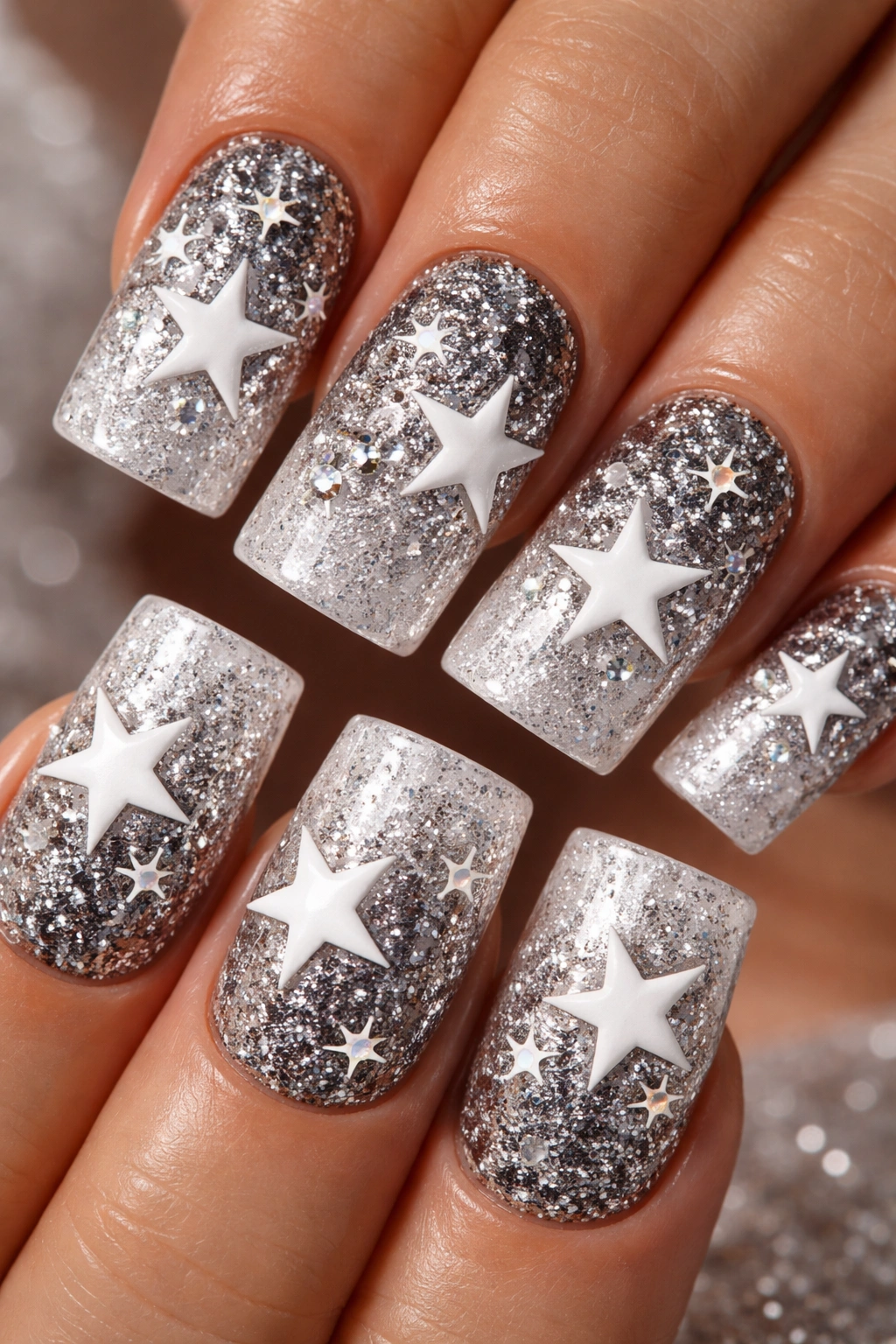 Nails with silver glitter gradient and white stars with rhinestones