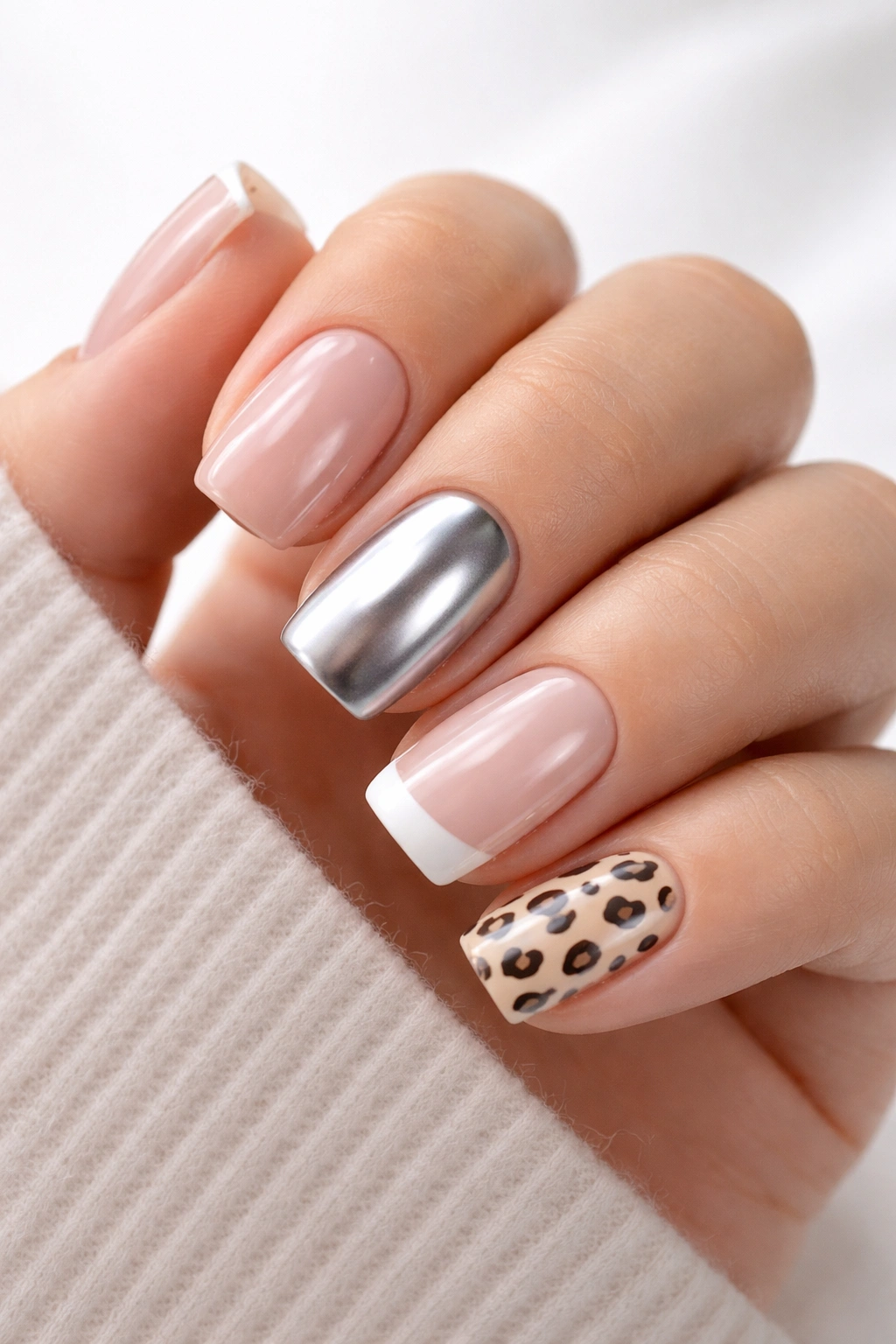 Close-up of short acrylic nails with varied finishes