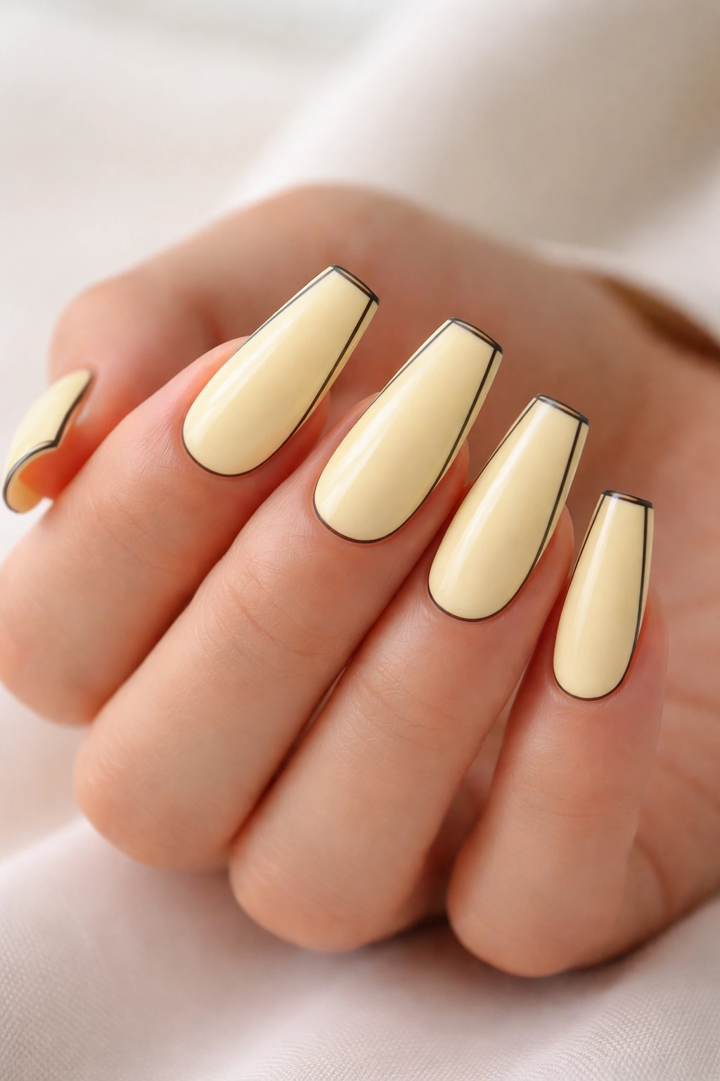 Close-up of pale yellow nails with fine black outlines
