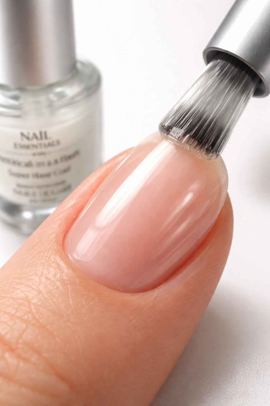 Close-up of a fingernail with a clear, glossy strengthening base coat