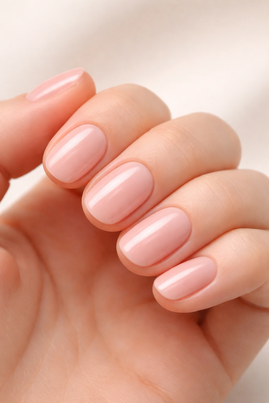 Nails painted pale pink nude base with smooth finish