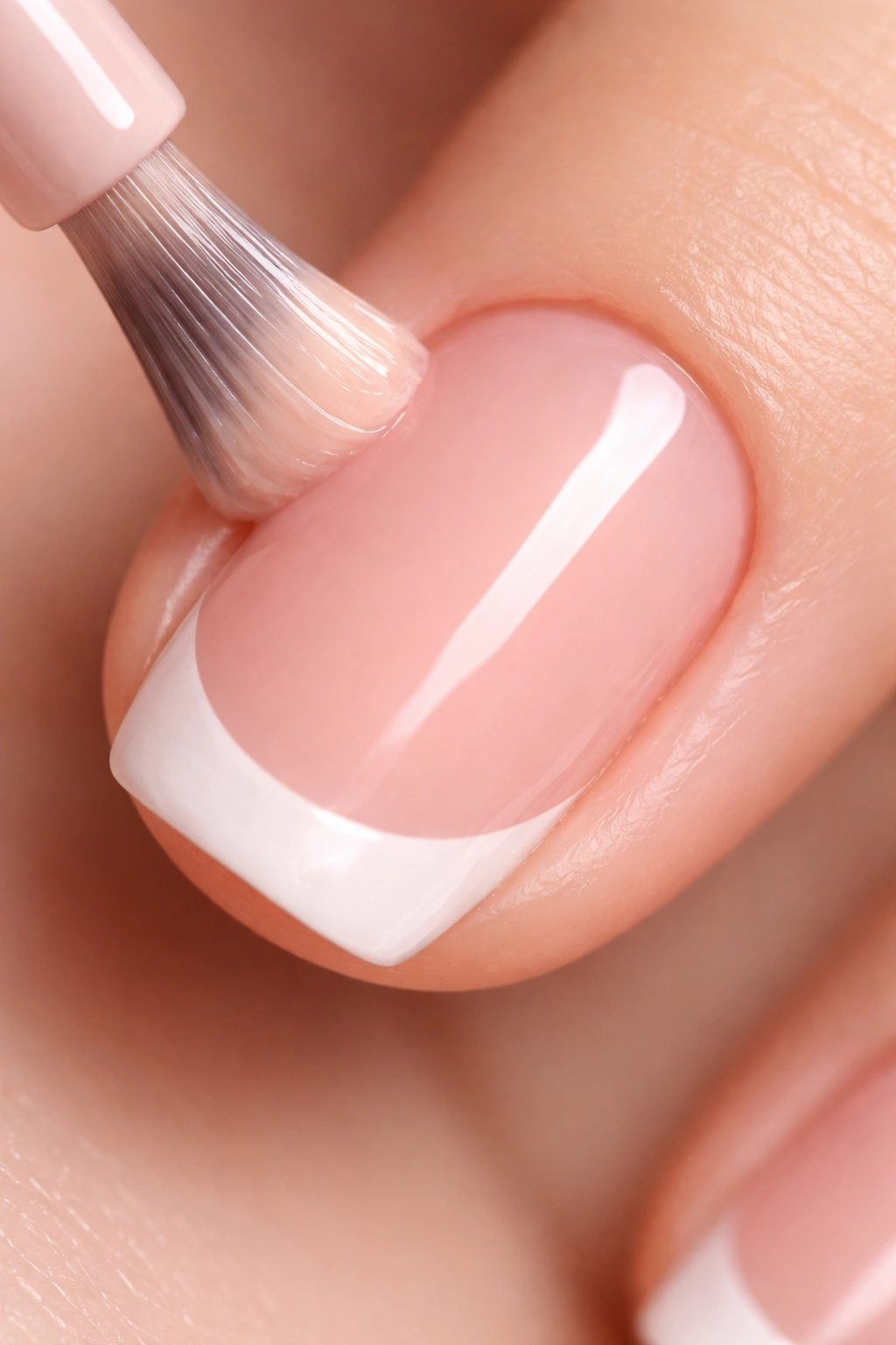 Close-up of a short nail with pale pink nude nail bed color and a crisp white tip boundary