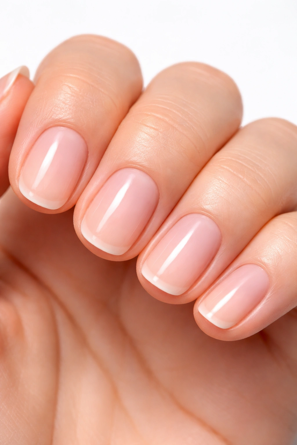 Visible nail bed with small white free edge on short nails