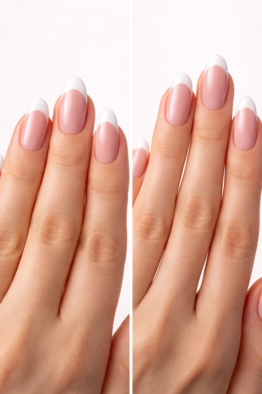 Two hands showing different nail bed widths and finger lengths with oval nails