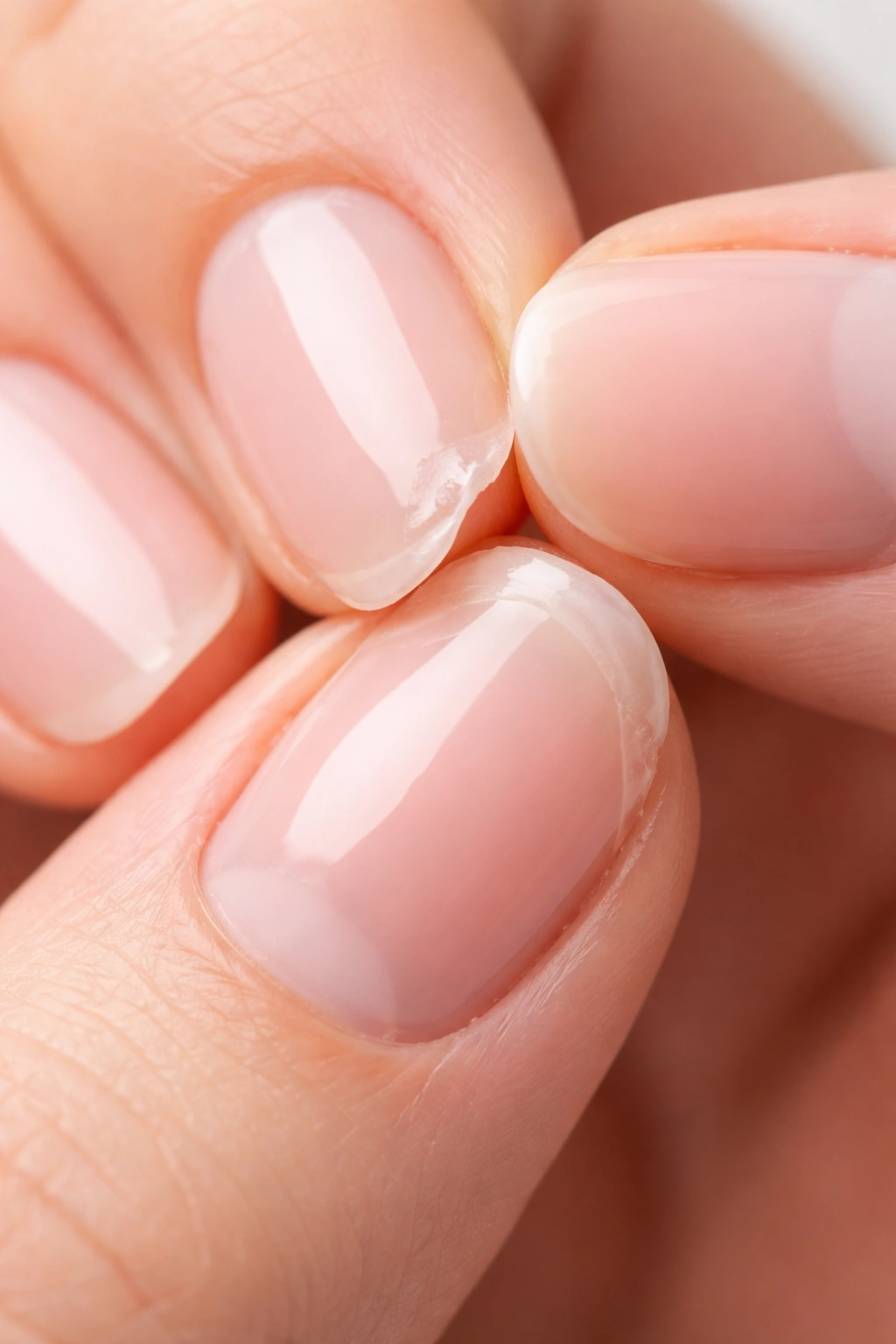 Extreme close-up of a finger picking at a gel nail edge