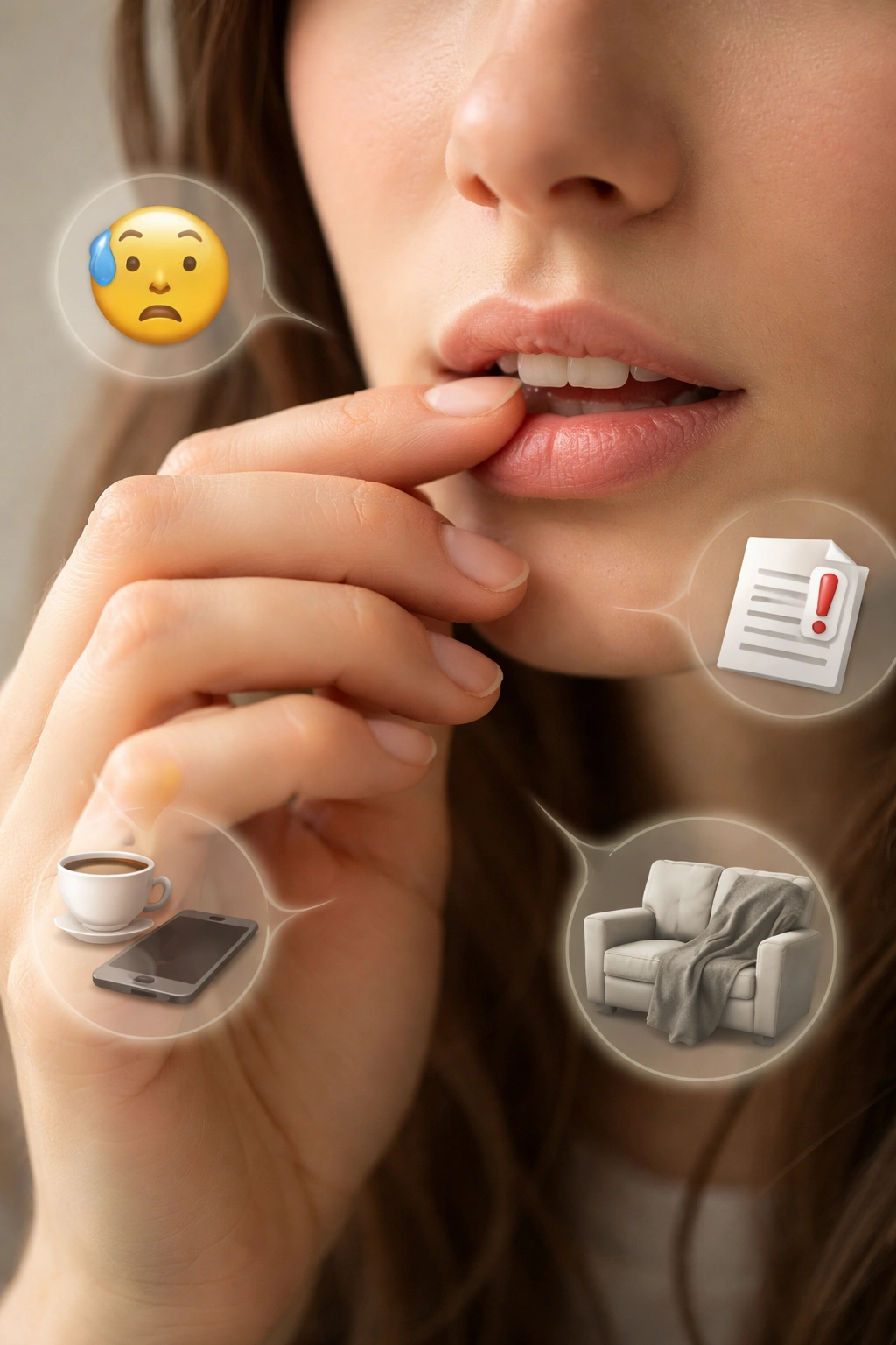 Close-up of hand near mouth highlighting nail biting triggers