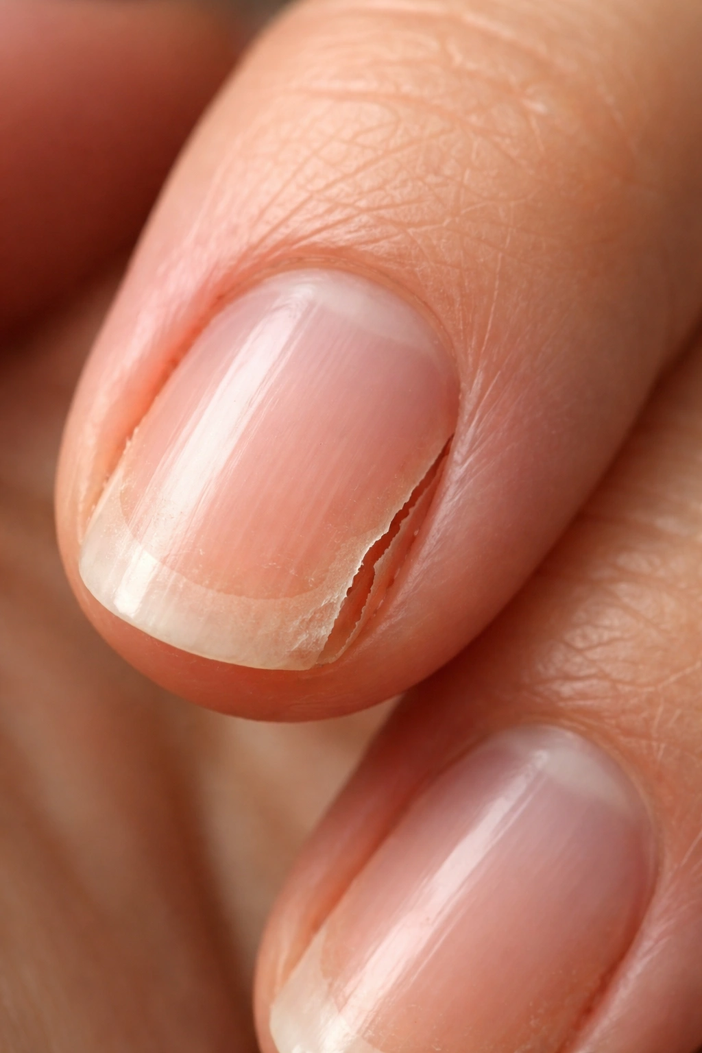 Close-up of a fingernail showing a crack to illustrate why nails break