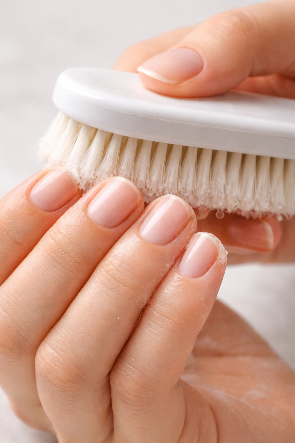 Close-up of a nail brush scrubbing under nails