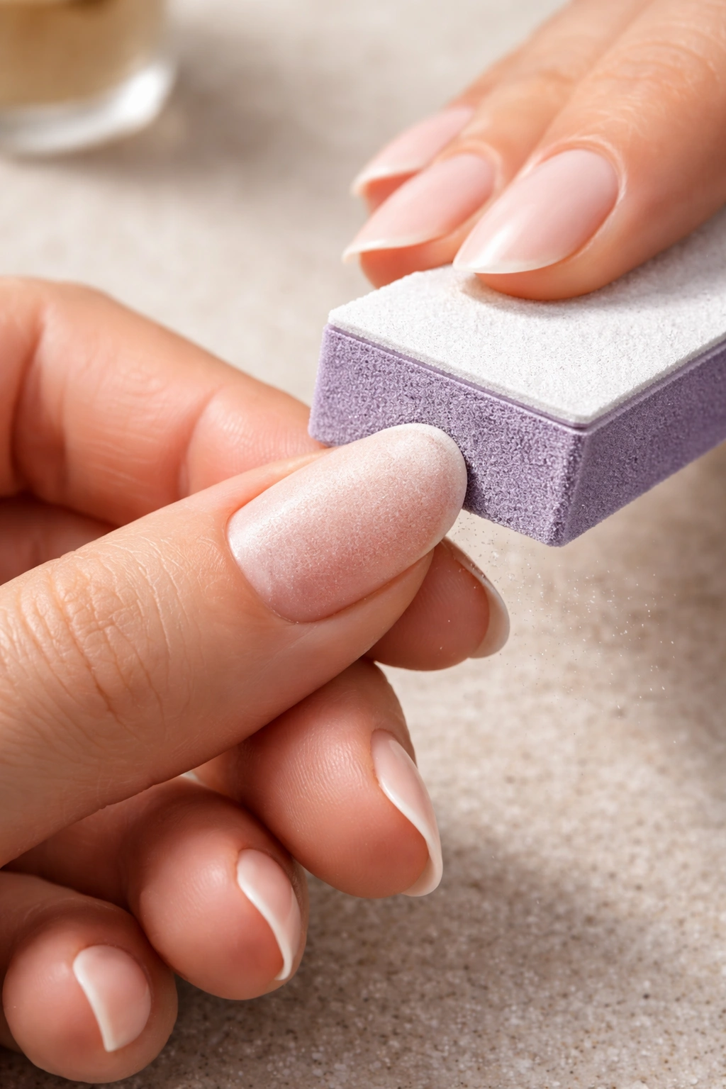 Macro of a nail buffer smoothing a natural nail to create matte texture