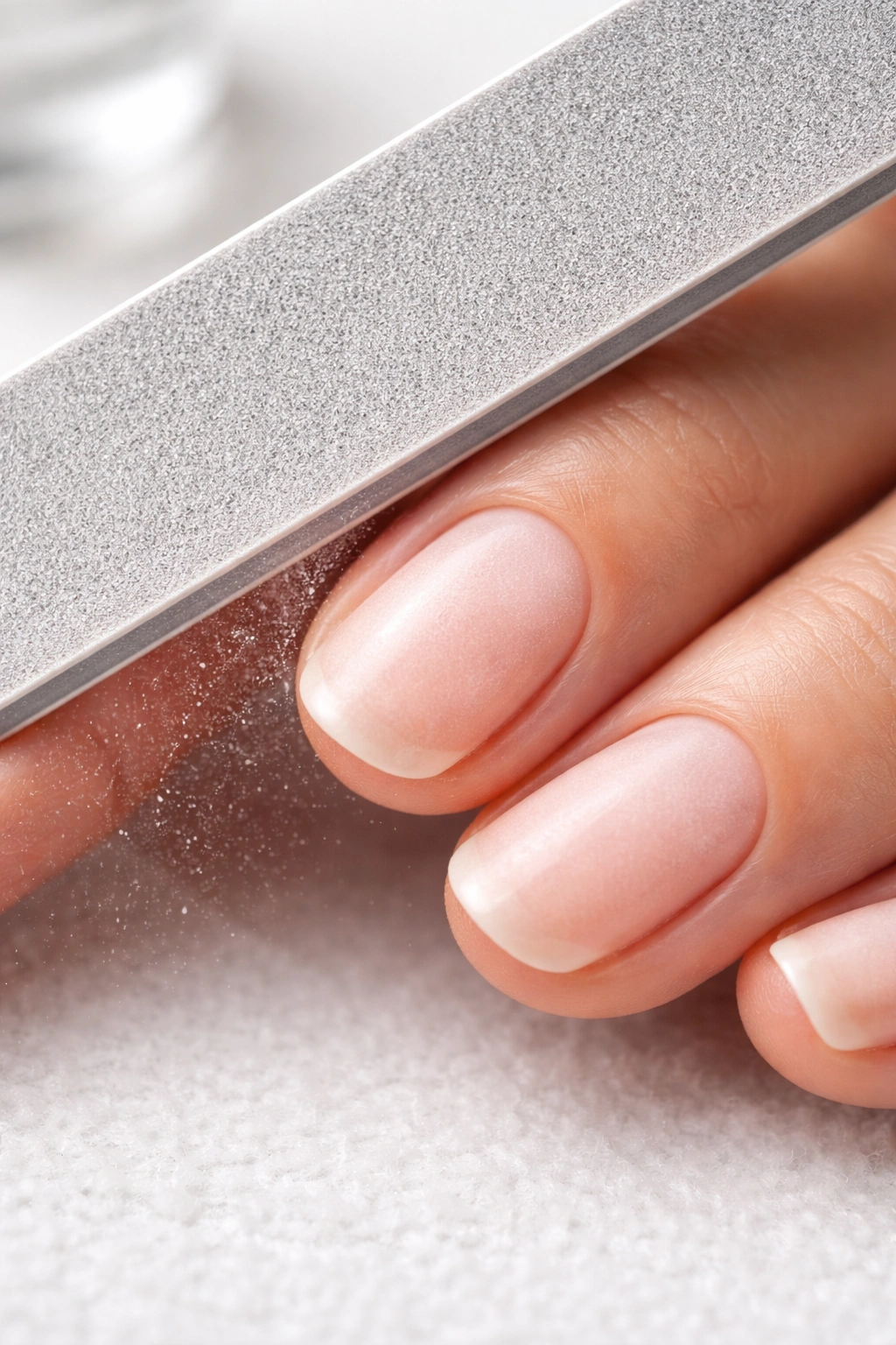 Close-up of nails buffed to remove shine with a 180-grit file