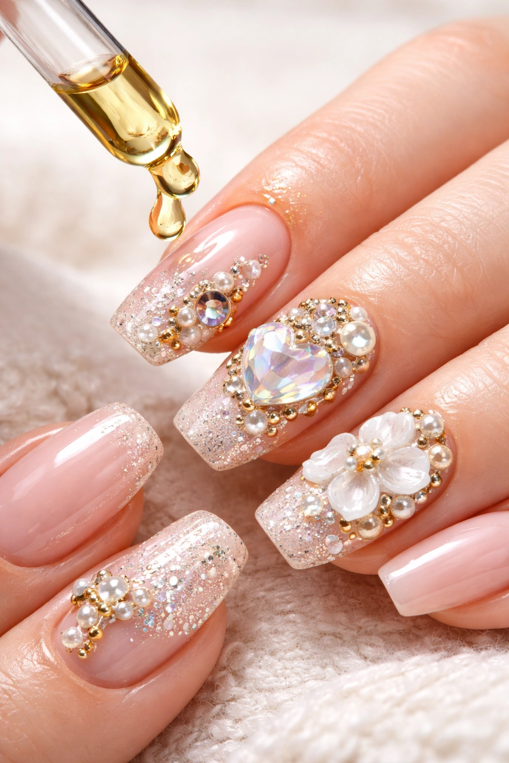 Nails with moisturized cuticles and cuticle oil drop