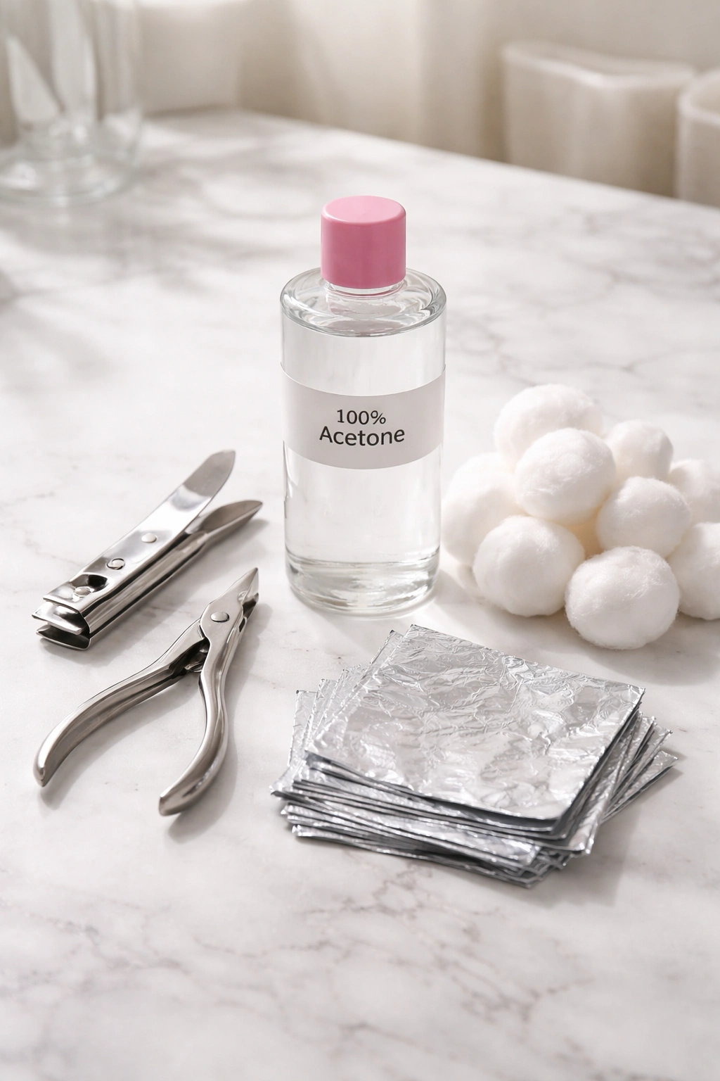 Close-up of nail care supplies: clippers, acetone bottle, cotton balls, and aluminum foil on a clean surface