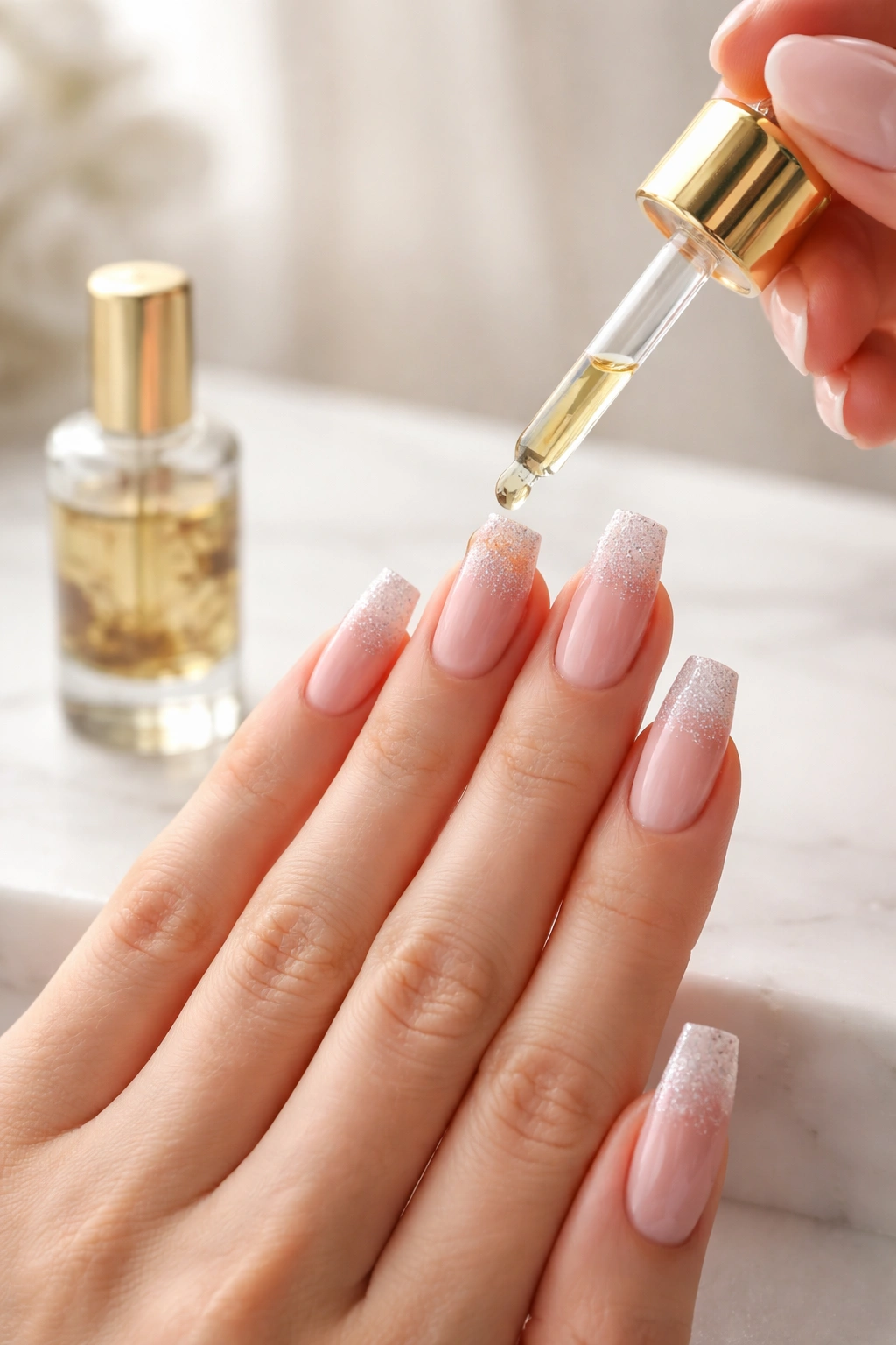 Hand applying cuticle oil to ballerina nails during a care routine