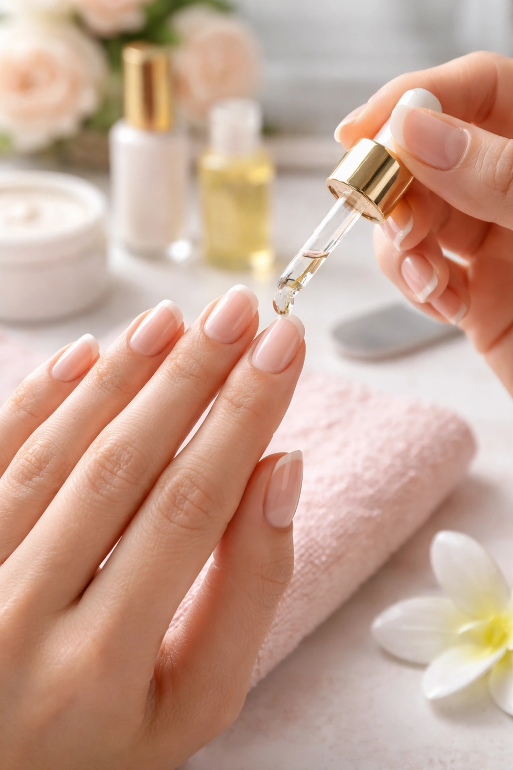 Hands applying moisturizer to nails between dip applications
