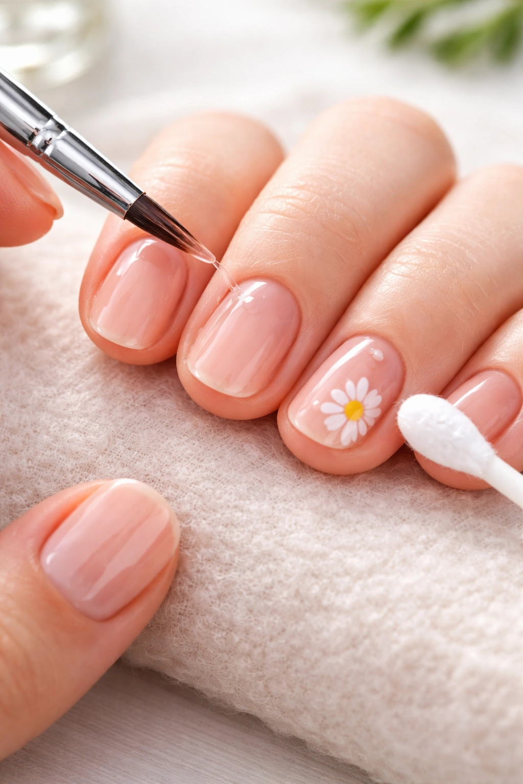 Close-up of short nails with a thin coat being applied and a cotton swab near cuticles for cleanup