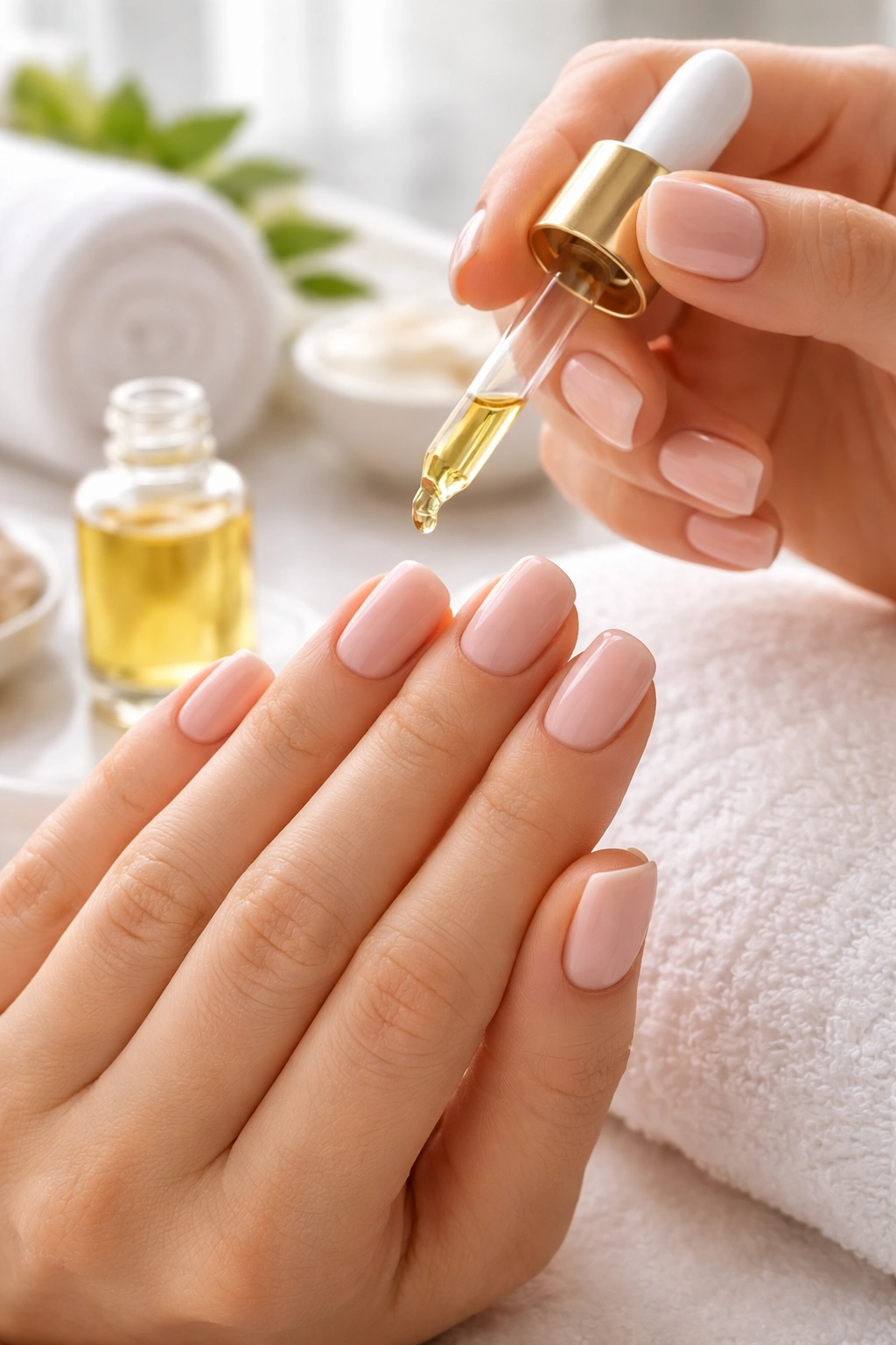 Hand applying cuticle oil to short squoval dip powder nails