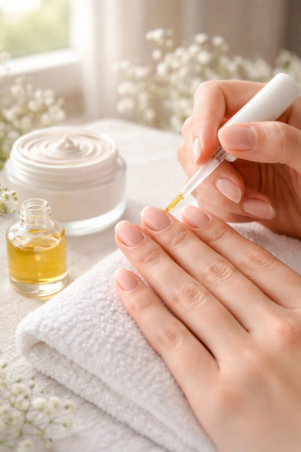 Close-up of hands applying cuticle oil during nail care between manicures