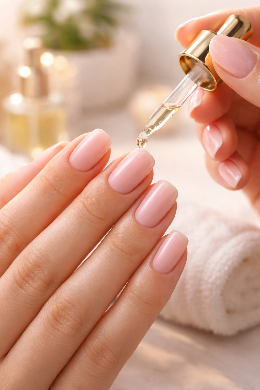 Hands applying cuticle oil to freshly manicured nails