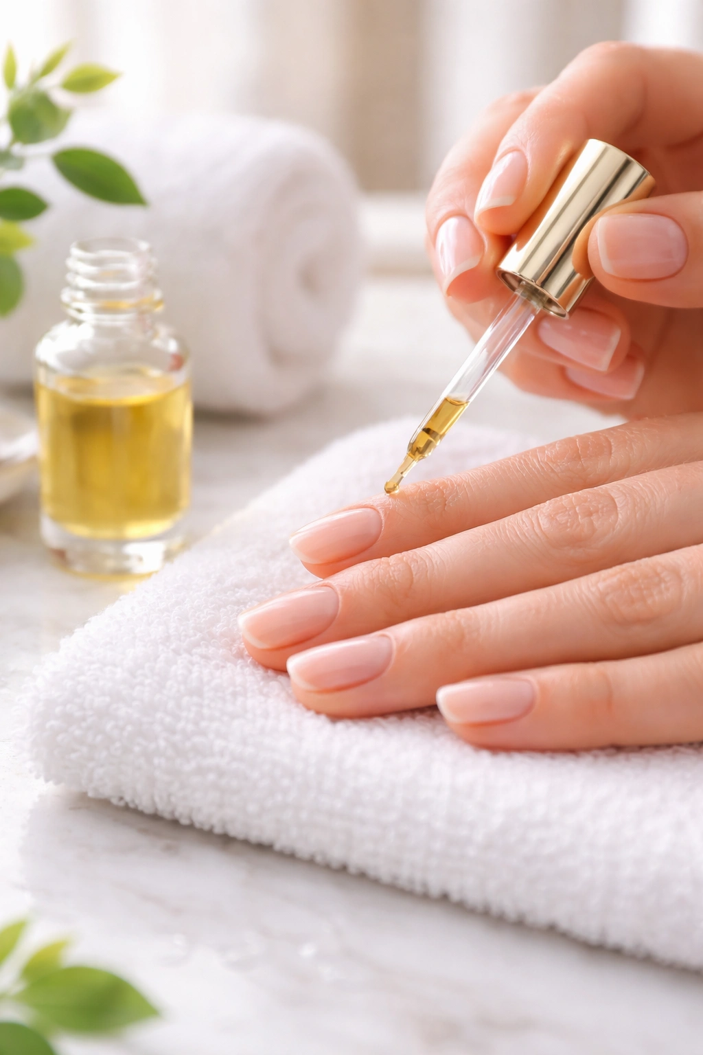 Hand applying cuticle oil to nails after gel removal