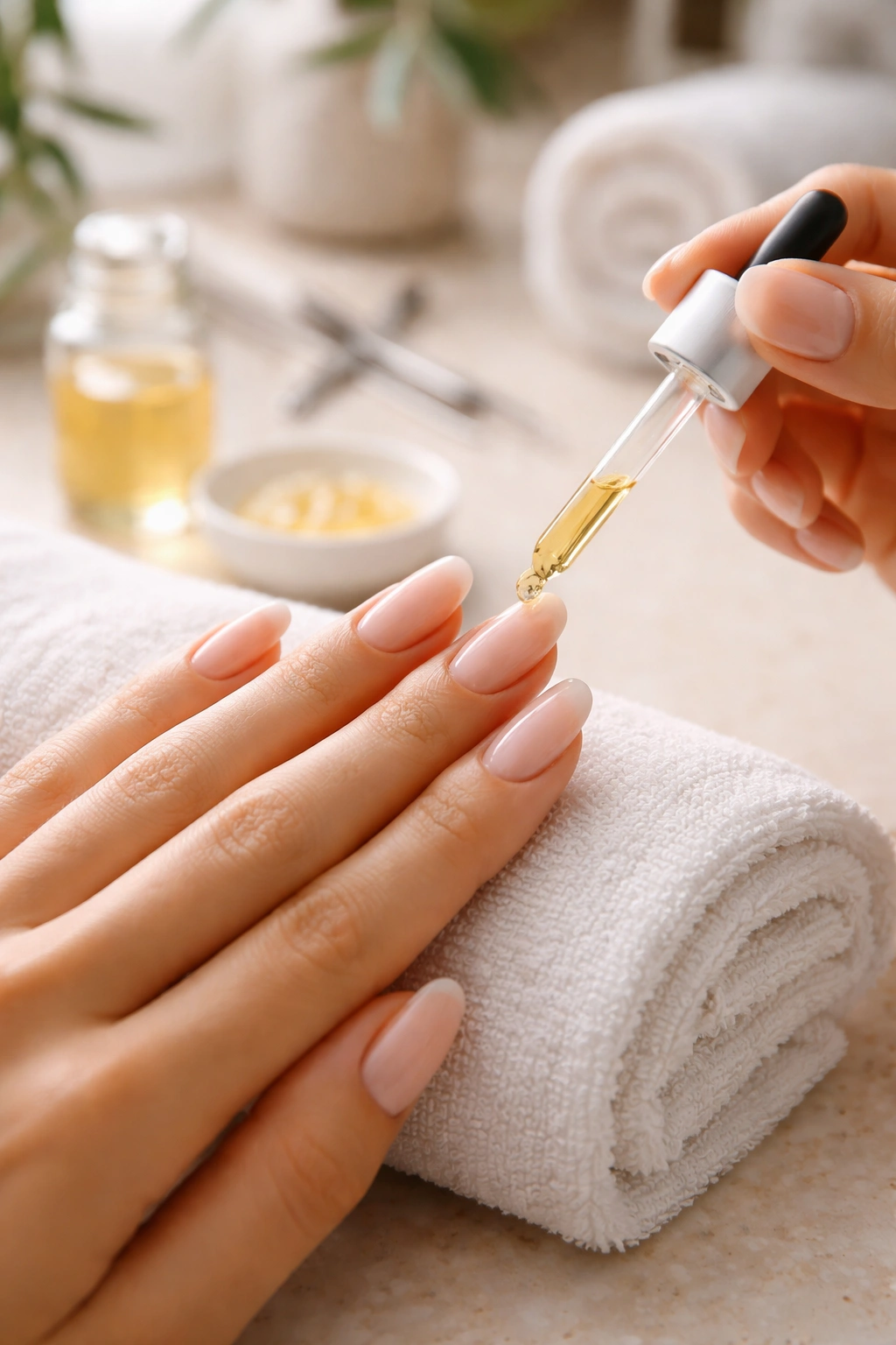 Close-up of hands applying cuticle oil to manicured nails.