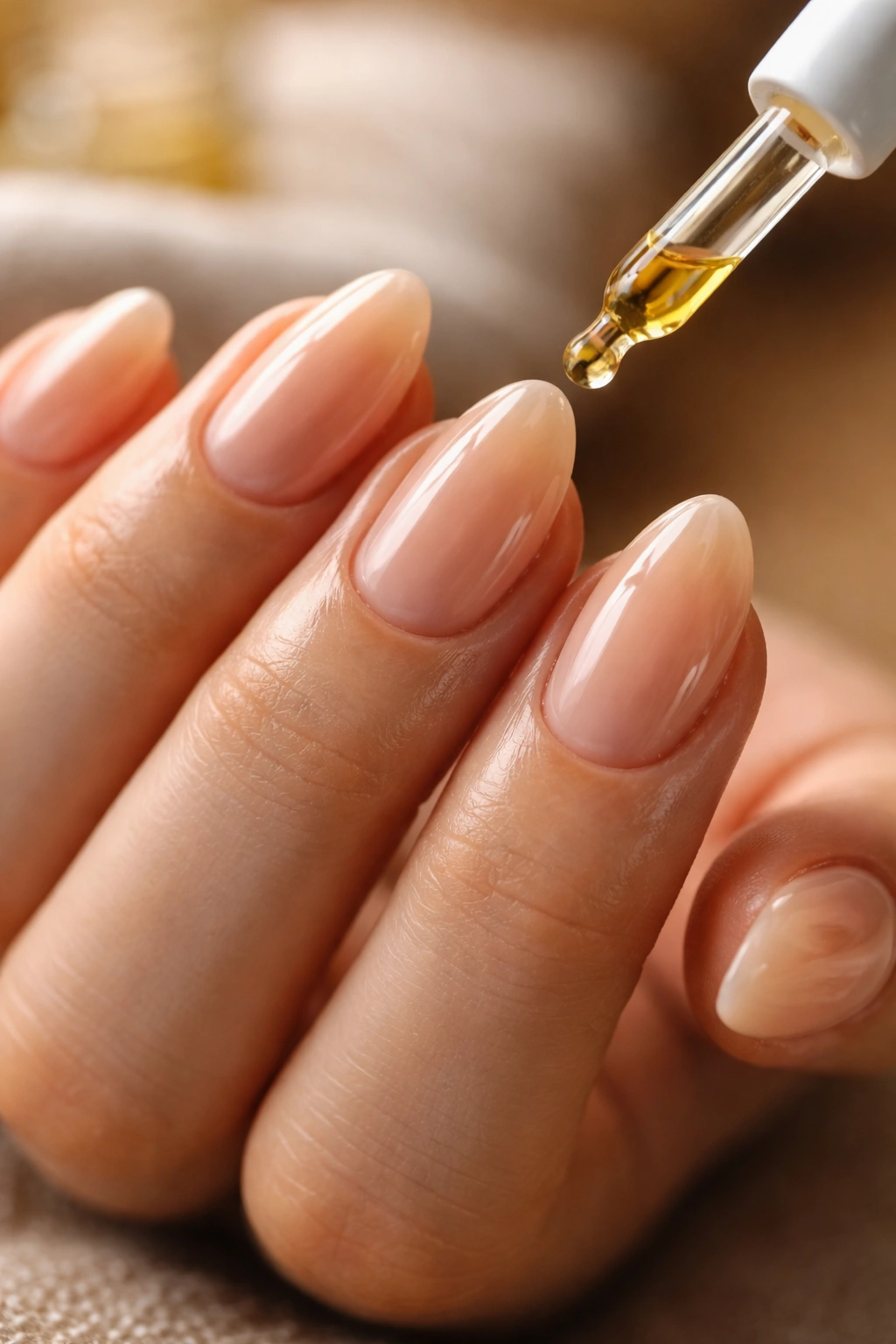 Close-up of well-maintained short almond gel extensions with a subtle oil sheen around the base