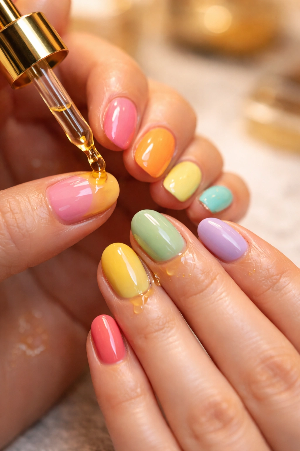 Close-up of hands applying cuticle oil to colorful short oval nails