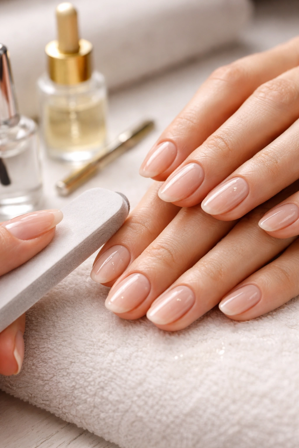 Close-up of hands showing smooth nails with tidy cuticles and base coat prep
