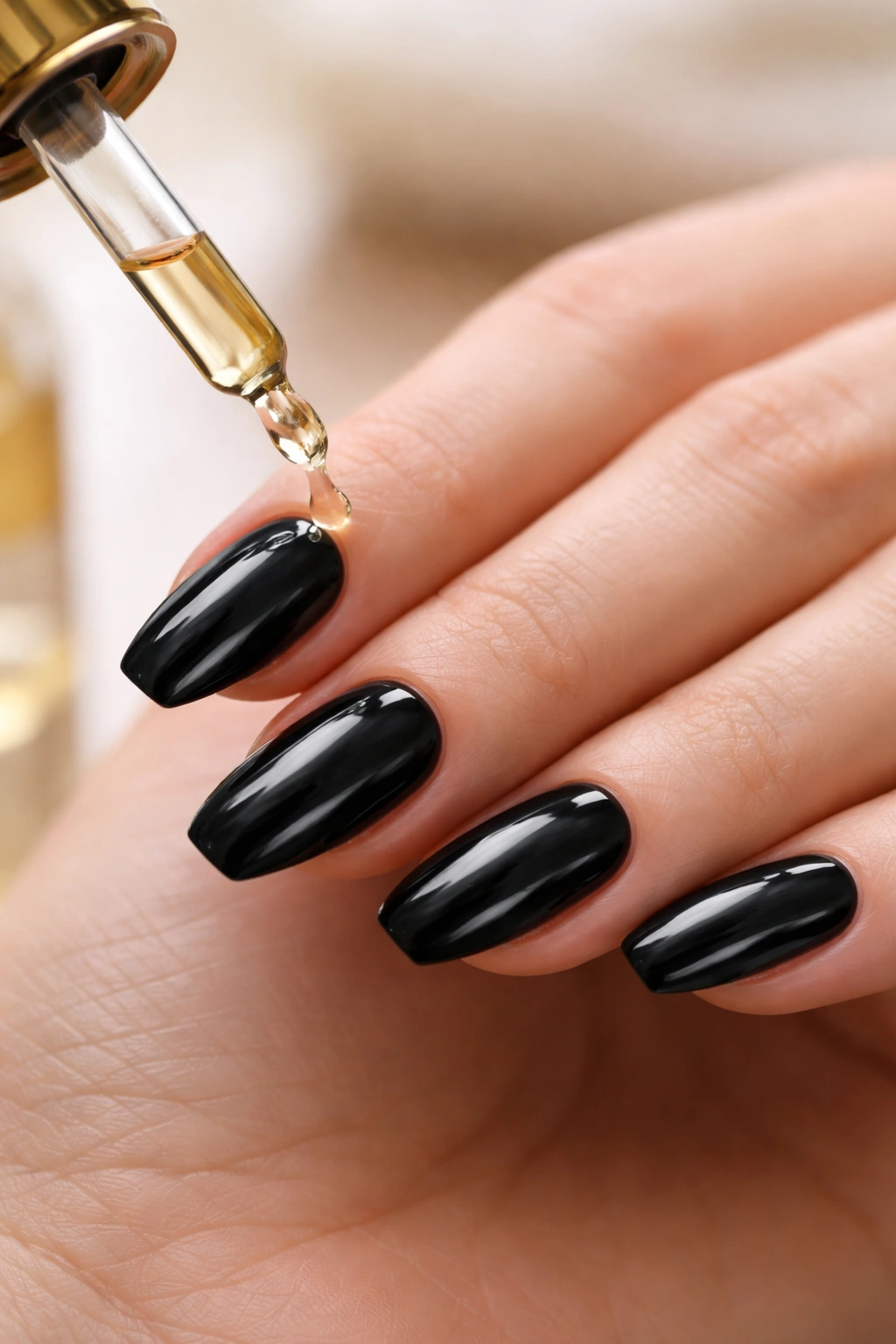 Hand applying cuticle oil to black short ballerina nails