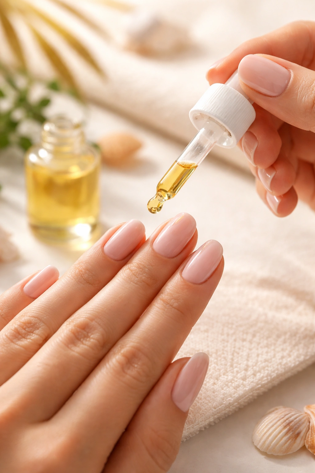 Hands applying cuticle oil to nails