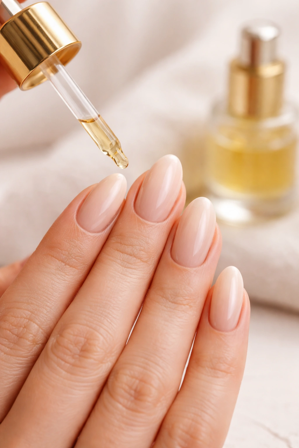 Hand applying cuticle oil to polished nails