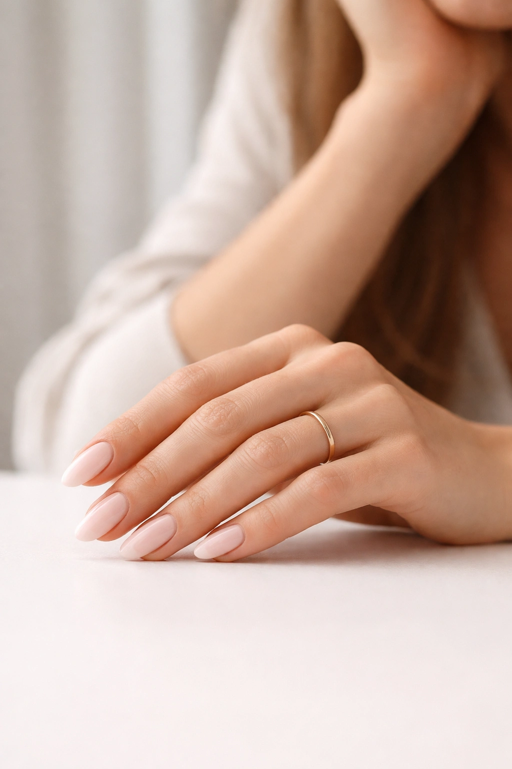 Contemplative hand with neatly manicured nails in a calm setting