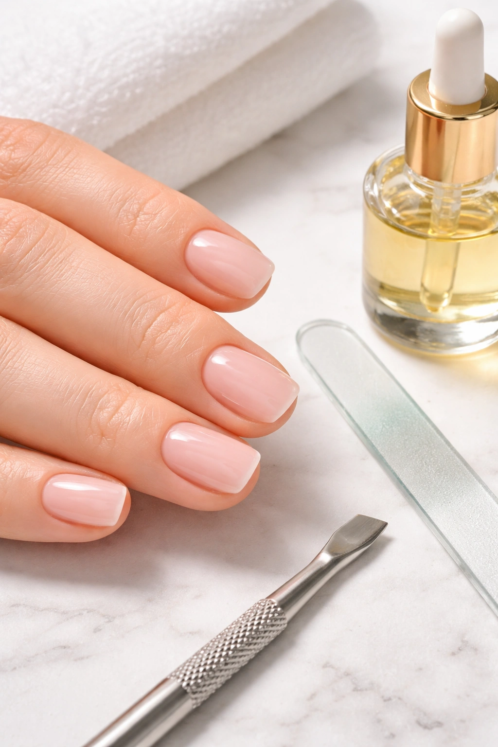 Close-up of short squoval nails with nail care tools