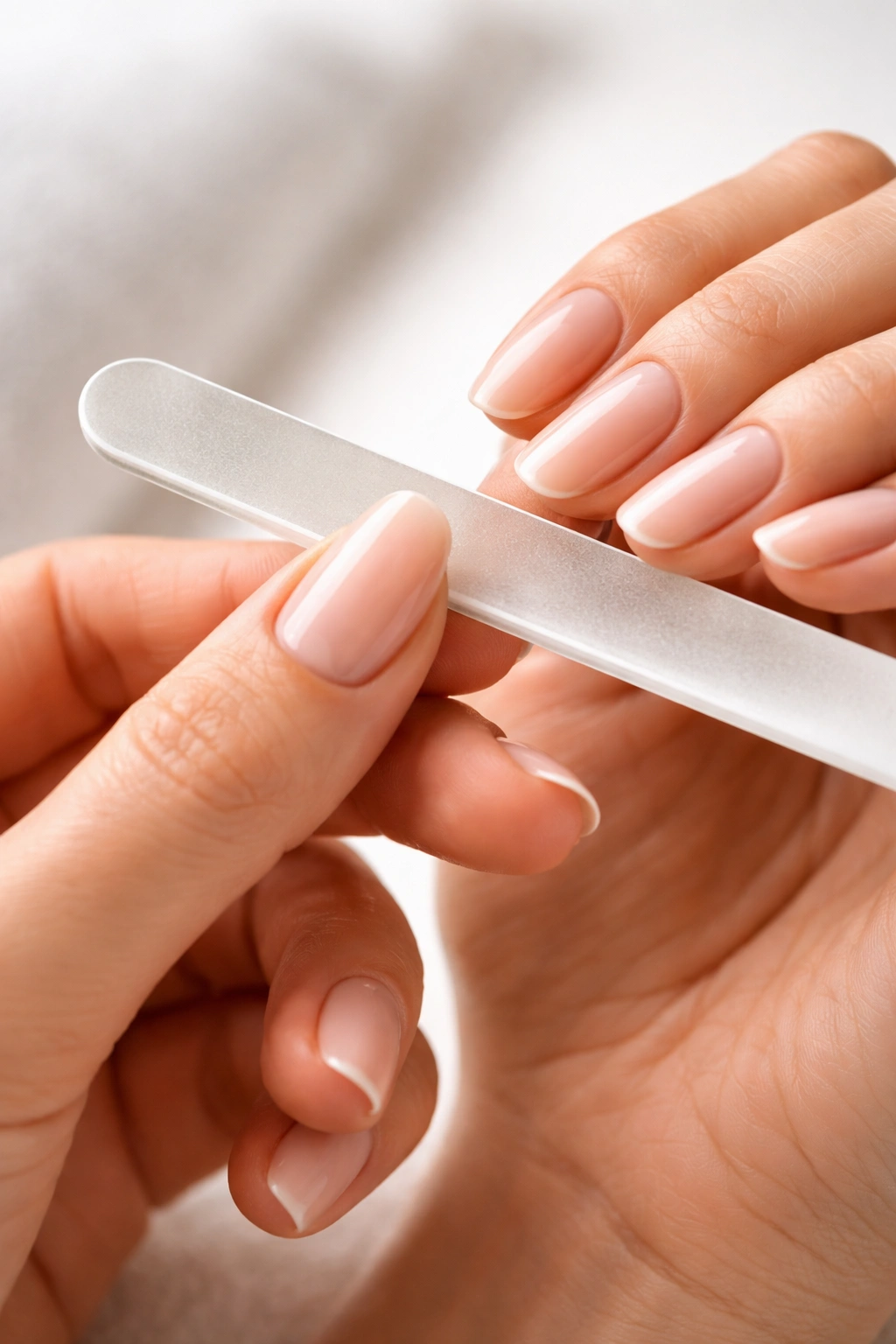 Close-up of hands filing nails with a glass nail file to show proper nail care technique