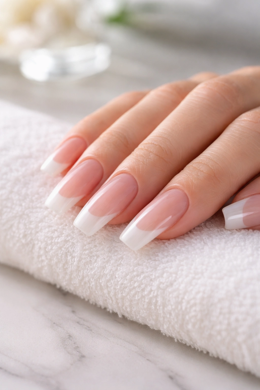Well-manicured acrylic nails in a calm setting