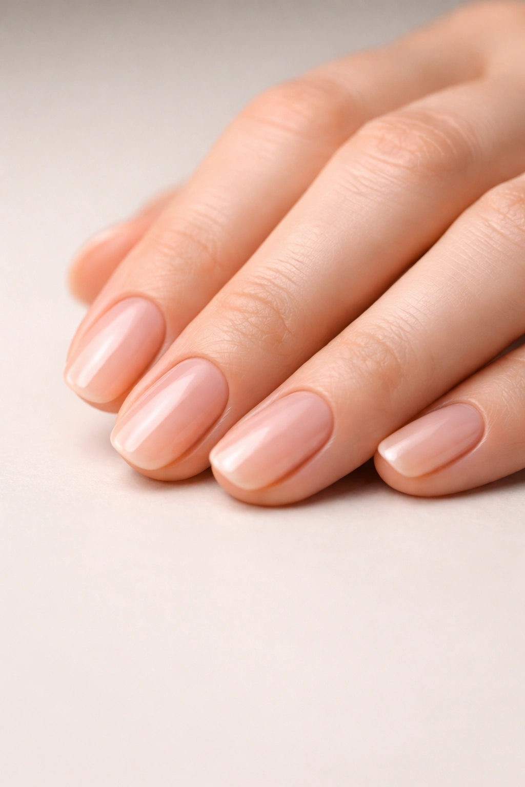 Hand with neatly manicured nails on a neutral background