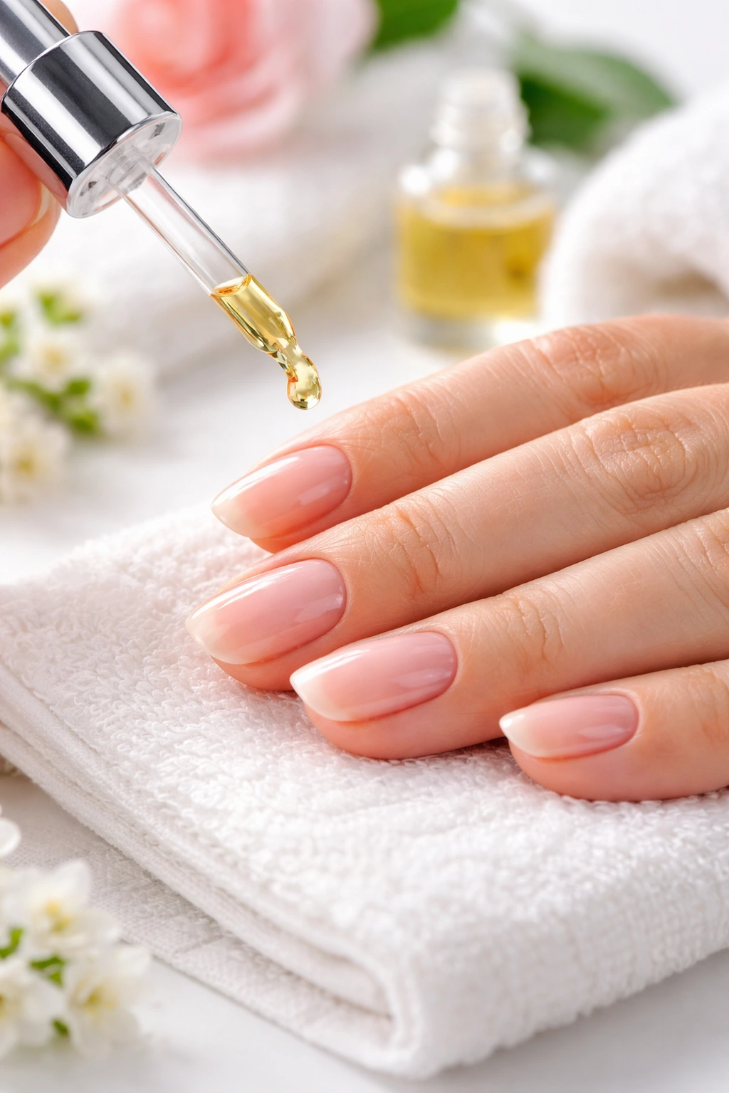 Hand applying cuticle oil on moisturized nails