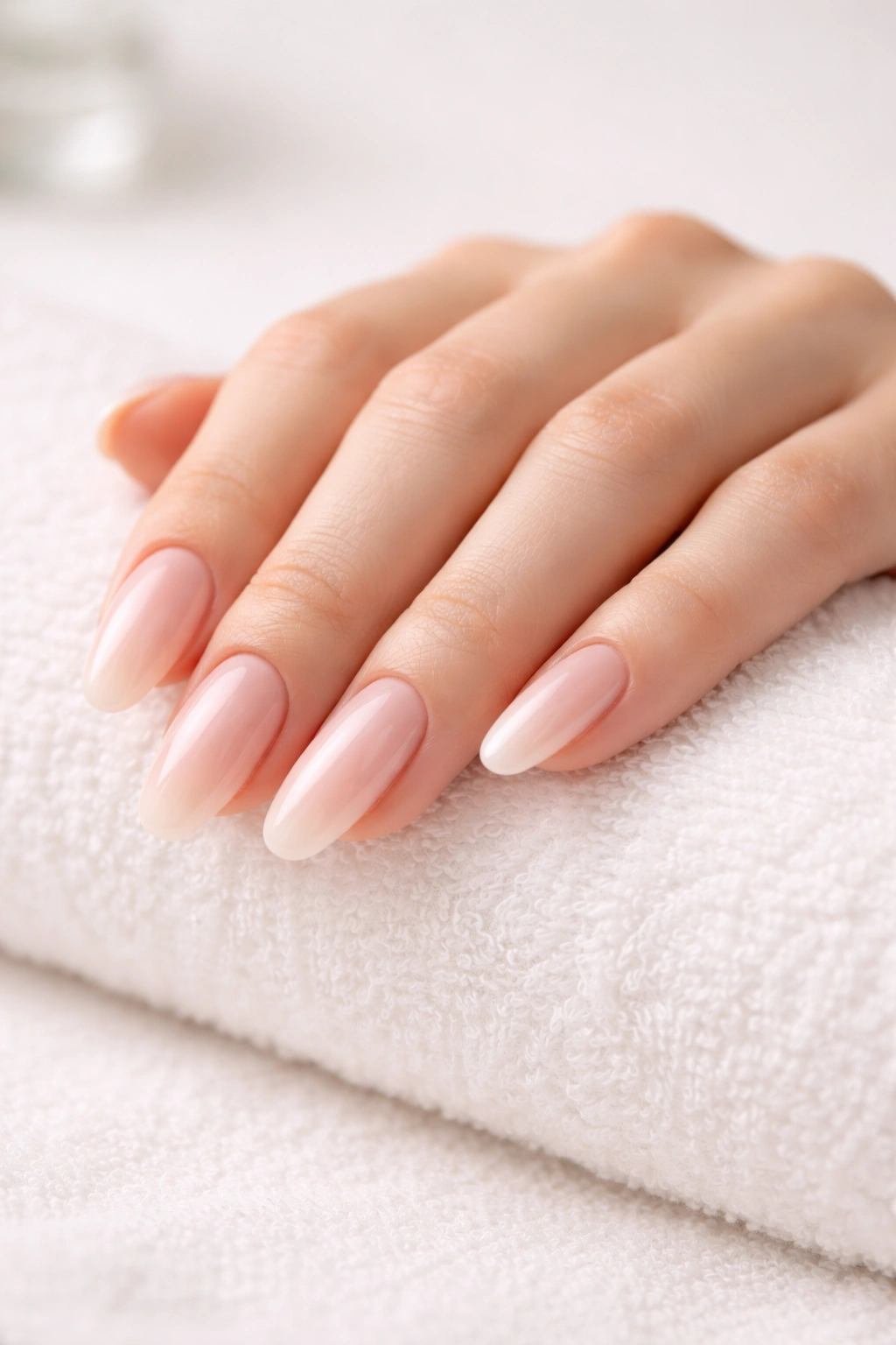Close-up of well-manicured nails in a calm, tool-free pose