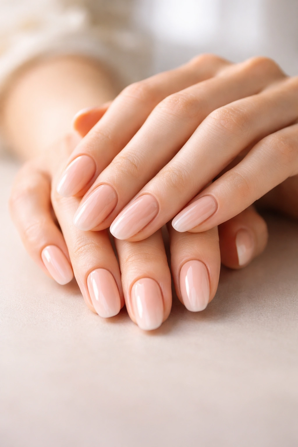 Close-up of hands with manicured nails resting on a neutral surface, no tools visible