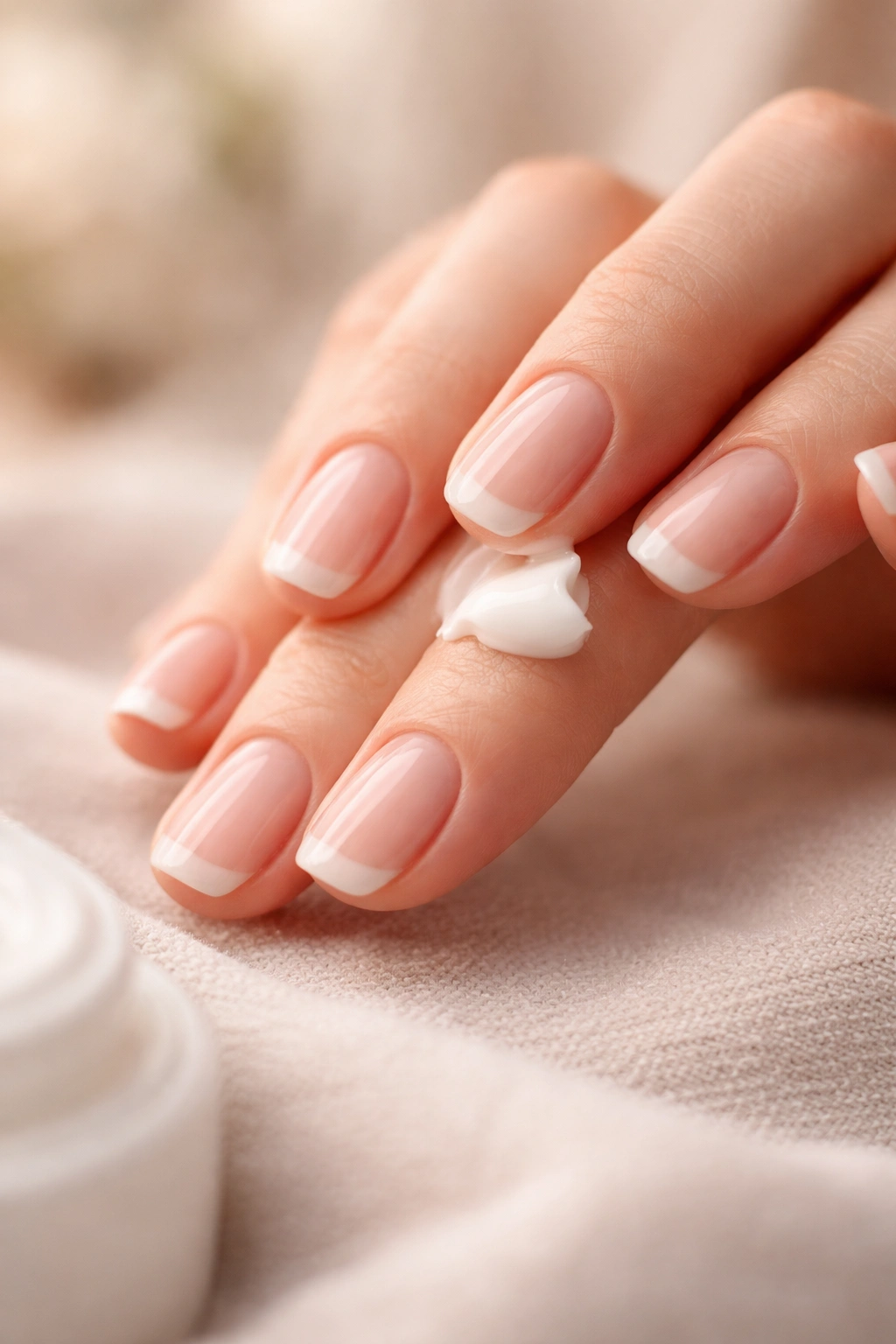 Close-up of a hand applying moisturizer to nails in a calm, well-lit setting