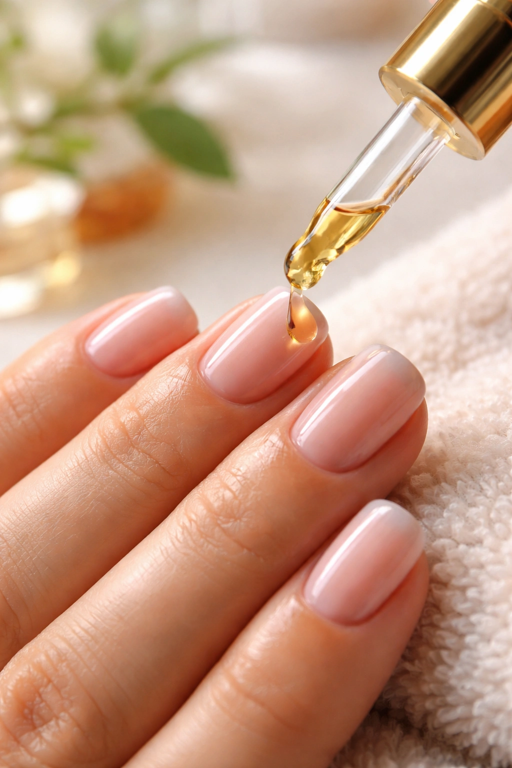 Hand applying cuticle oil to short acrylic nails