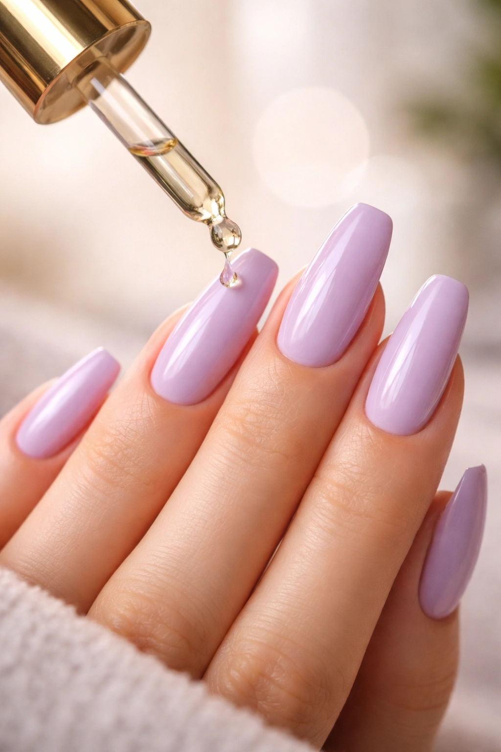 Hand with lilac nails applying cuticle oil for longevity