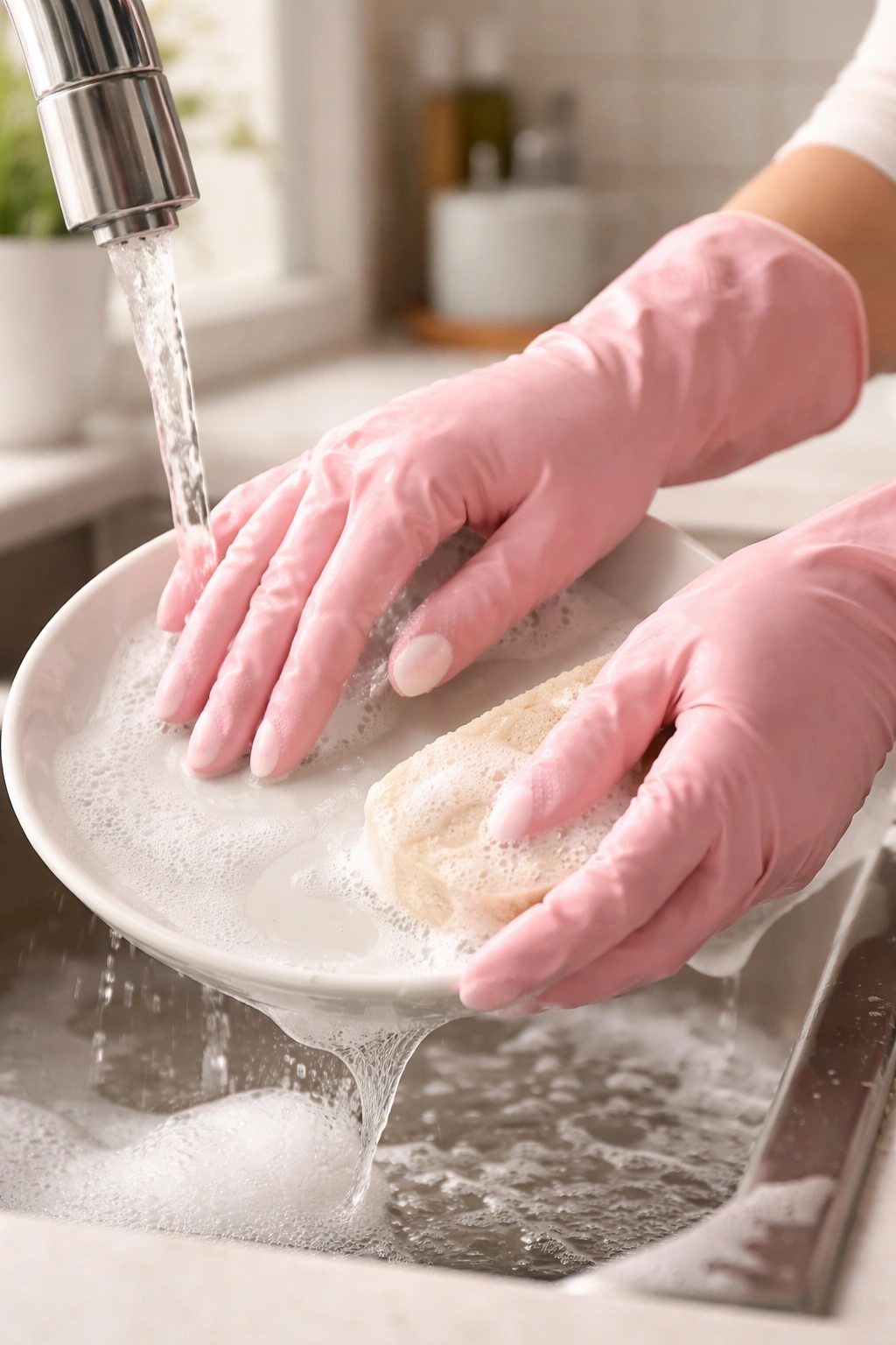 Gloved hands during dishwashing protecting manicure