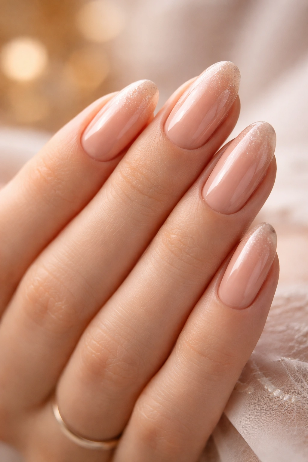 Close-up of a hand with glossy, well-manicured nails emphasizing longevity and shine