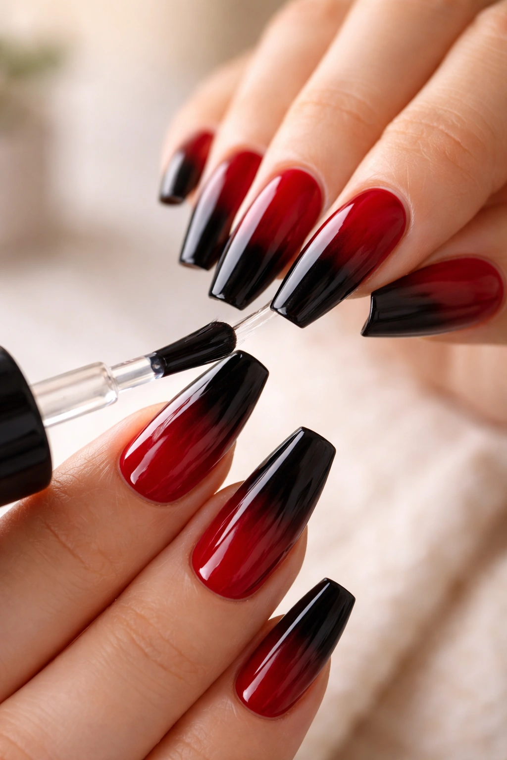 Hands applying top coat to red and black ballerina nails.